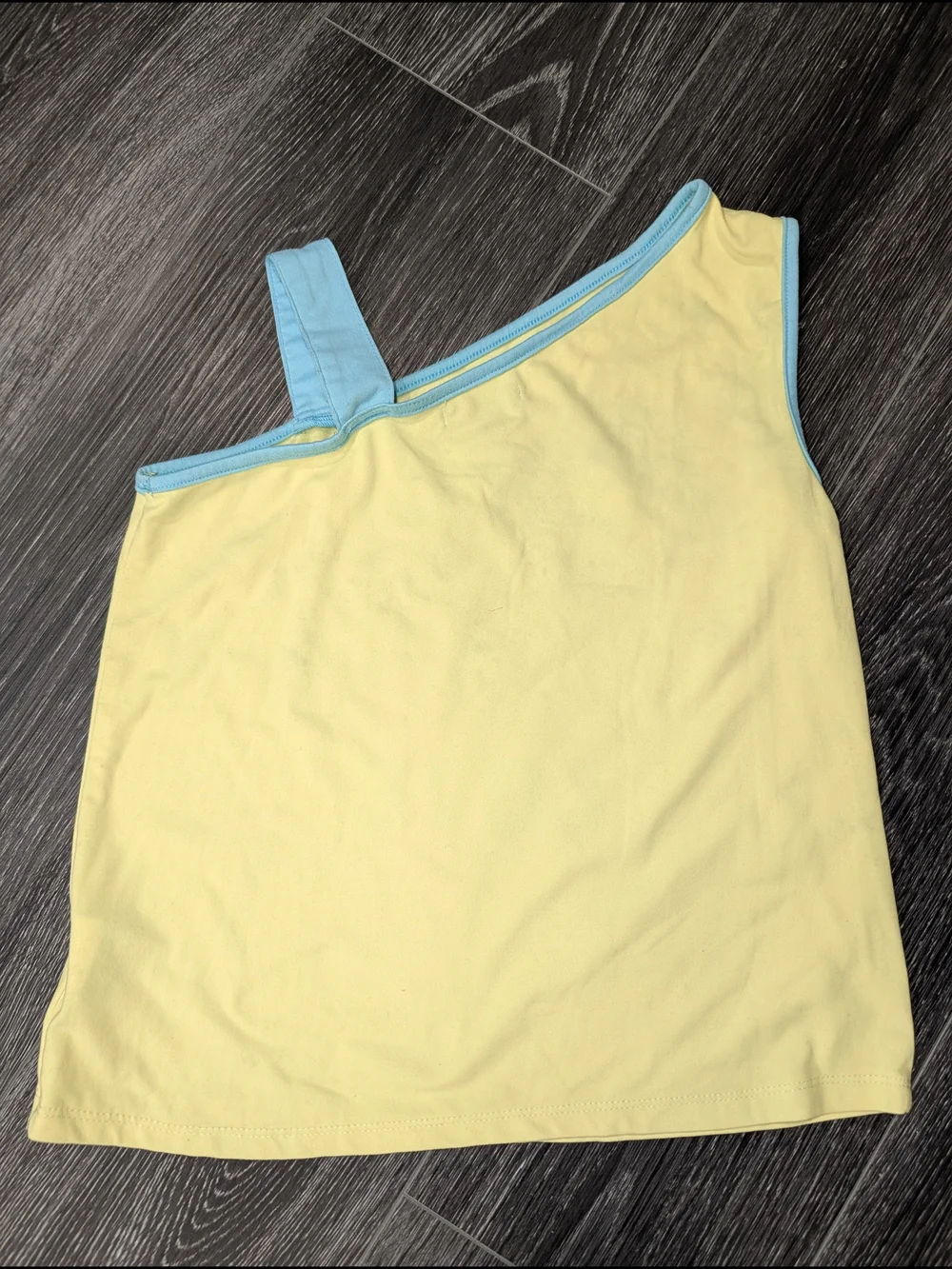 Forever 21 Yellow One-Shoulder Tank with Blue Trim & Silver '02'
